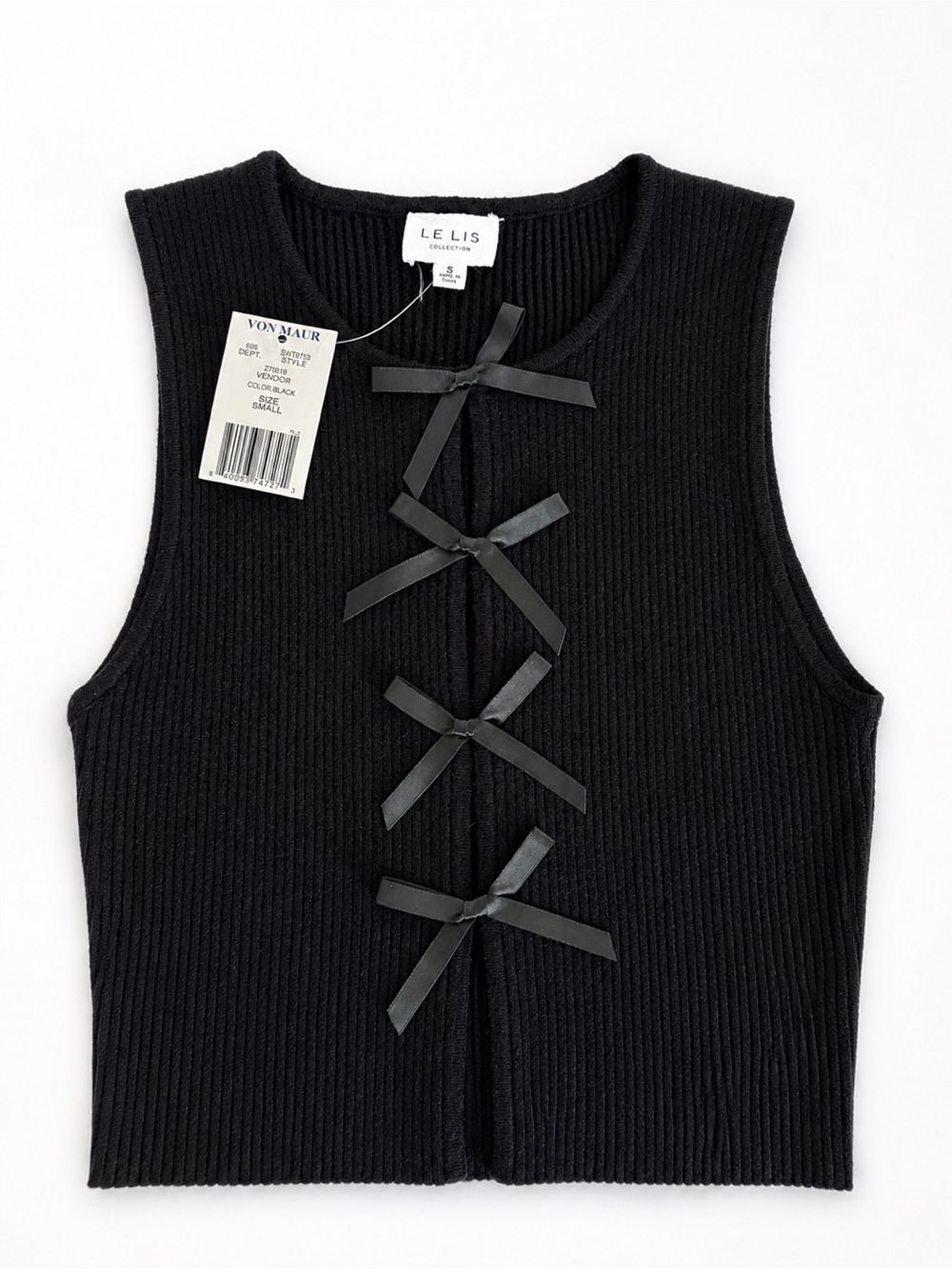 NWT 🖤 Lelis Collection Black Ribbed Bow Front Tank | Size Small